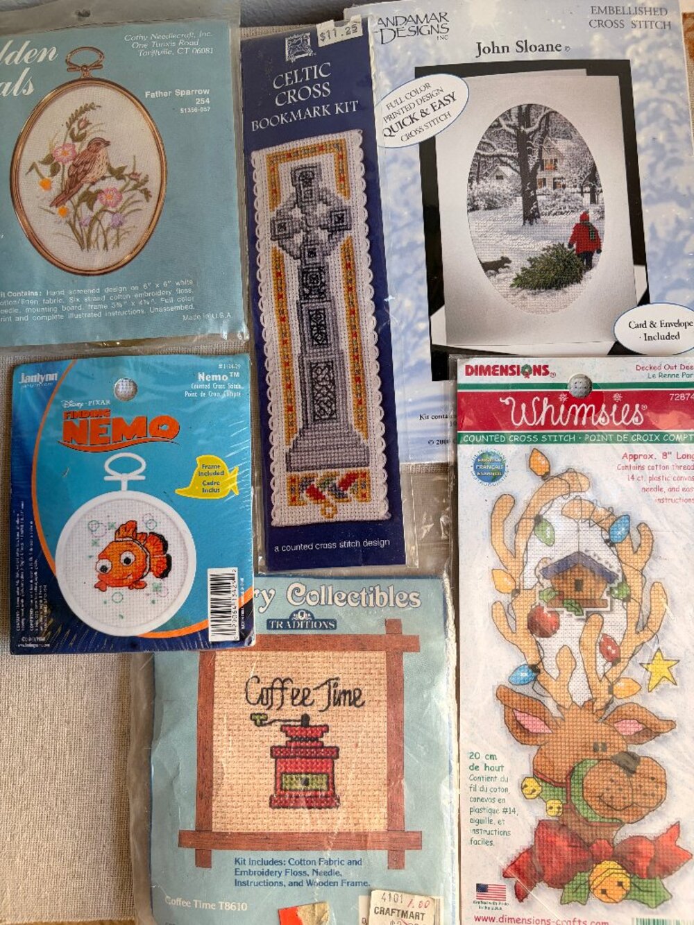 NOS Embroidery Kit Lot of 6 Cross Stitch Frame Smalls Nemo Reindeer Snow Celtic